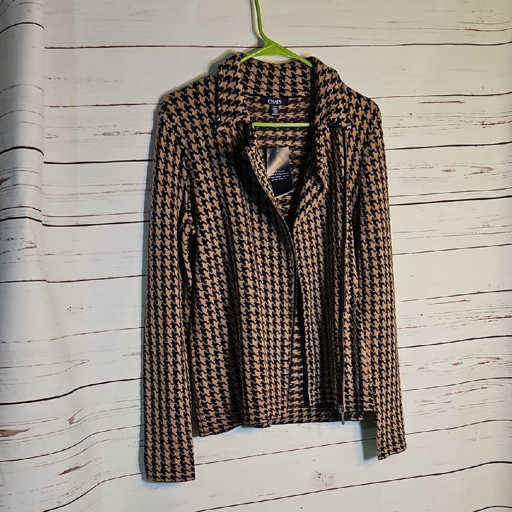 Chaps Houndstooth Print Zip Front Jacket Blazer Career Casual, M